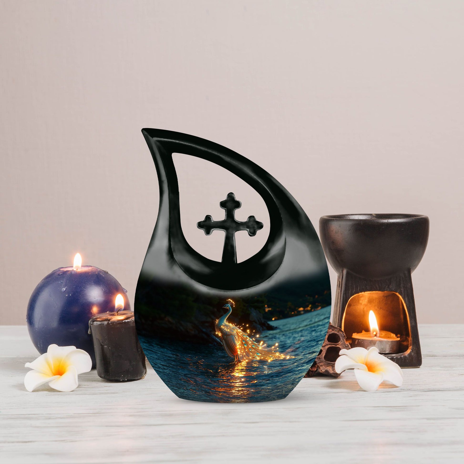 10-inch Peacock themed Cross Drop burial urn