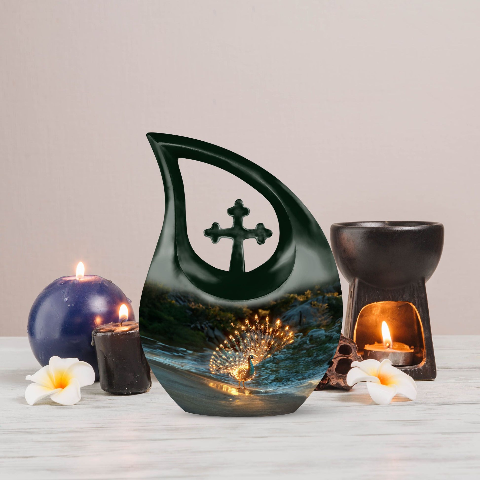 10-inch peacock-themed small cremation urn