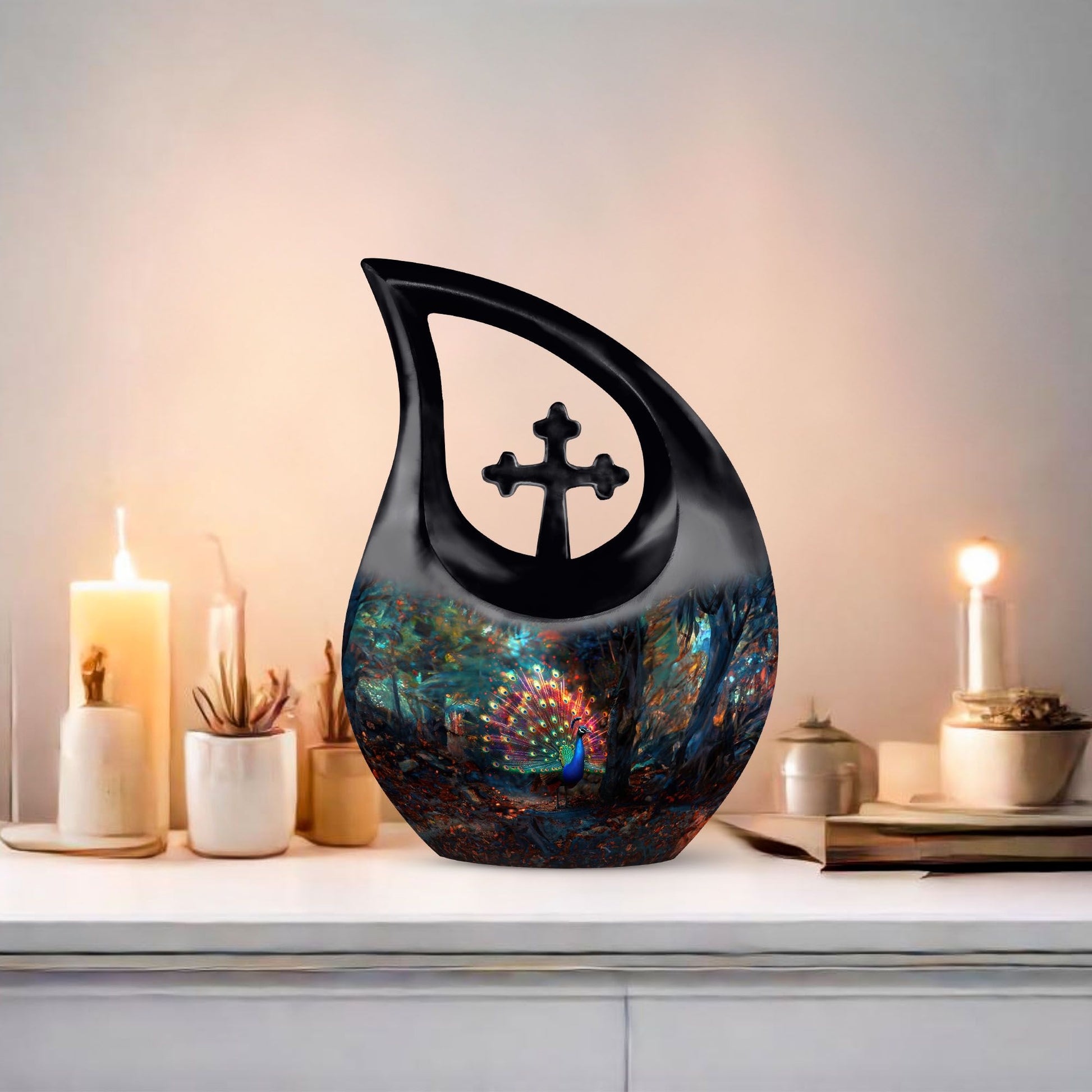 10-inch peacock urn with cross drop design