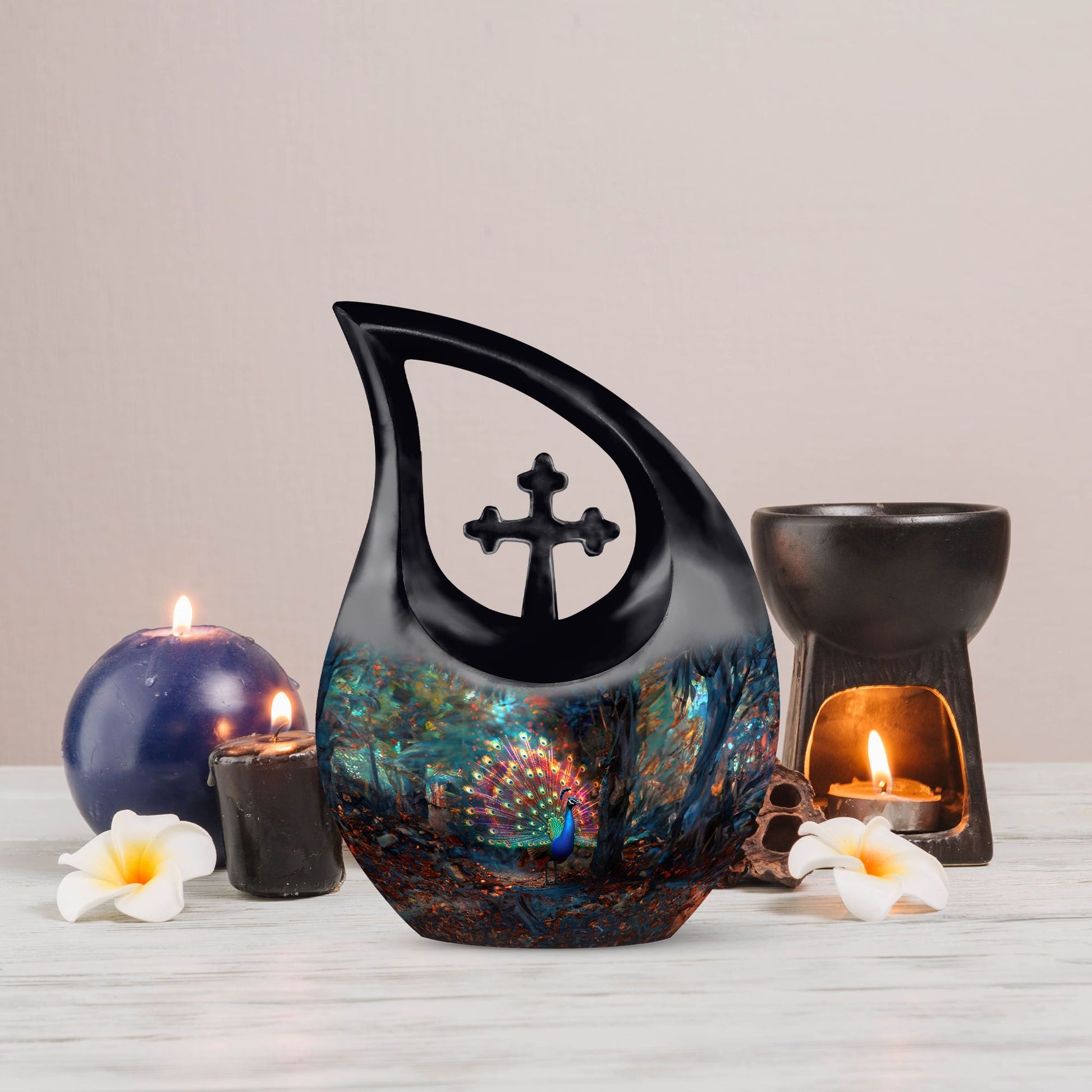 10-inch peacock urn with cross drop design