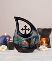 10-inch peacock urn with cross drop design