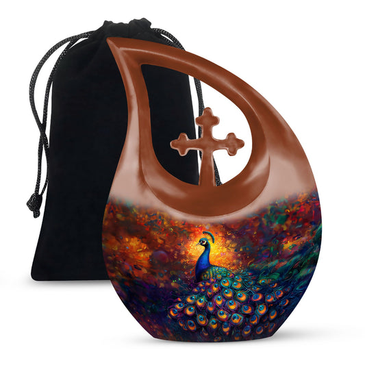 10-inch Large Peacock Urn with Cross Drop design,