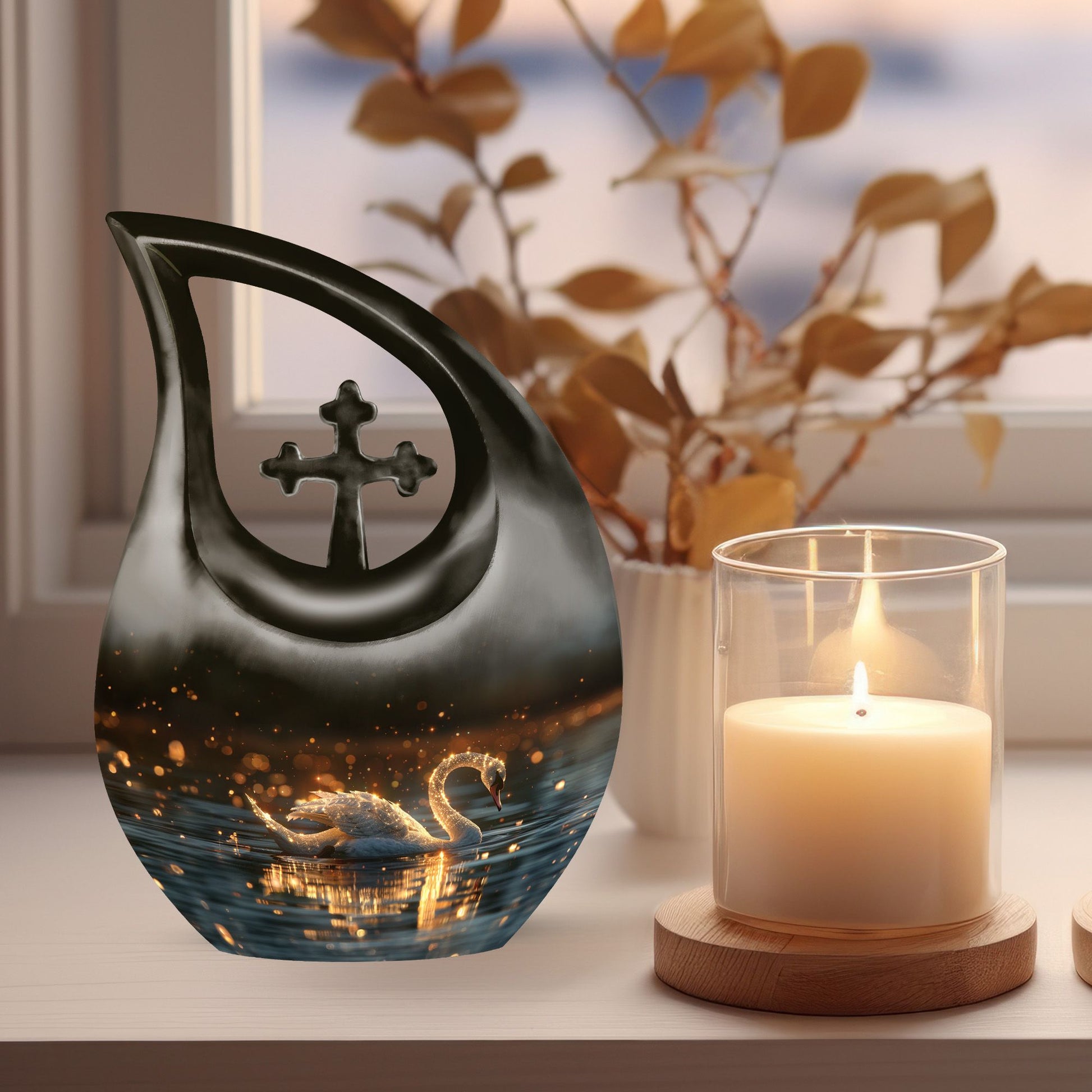 10-inch Swan Urn with Cross Drop design