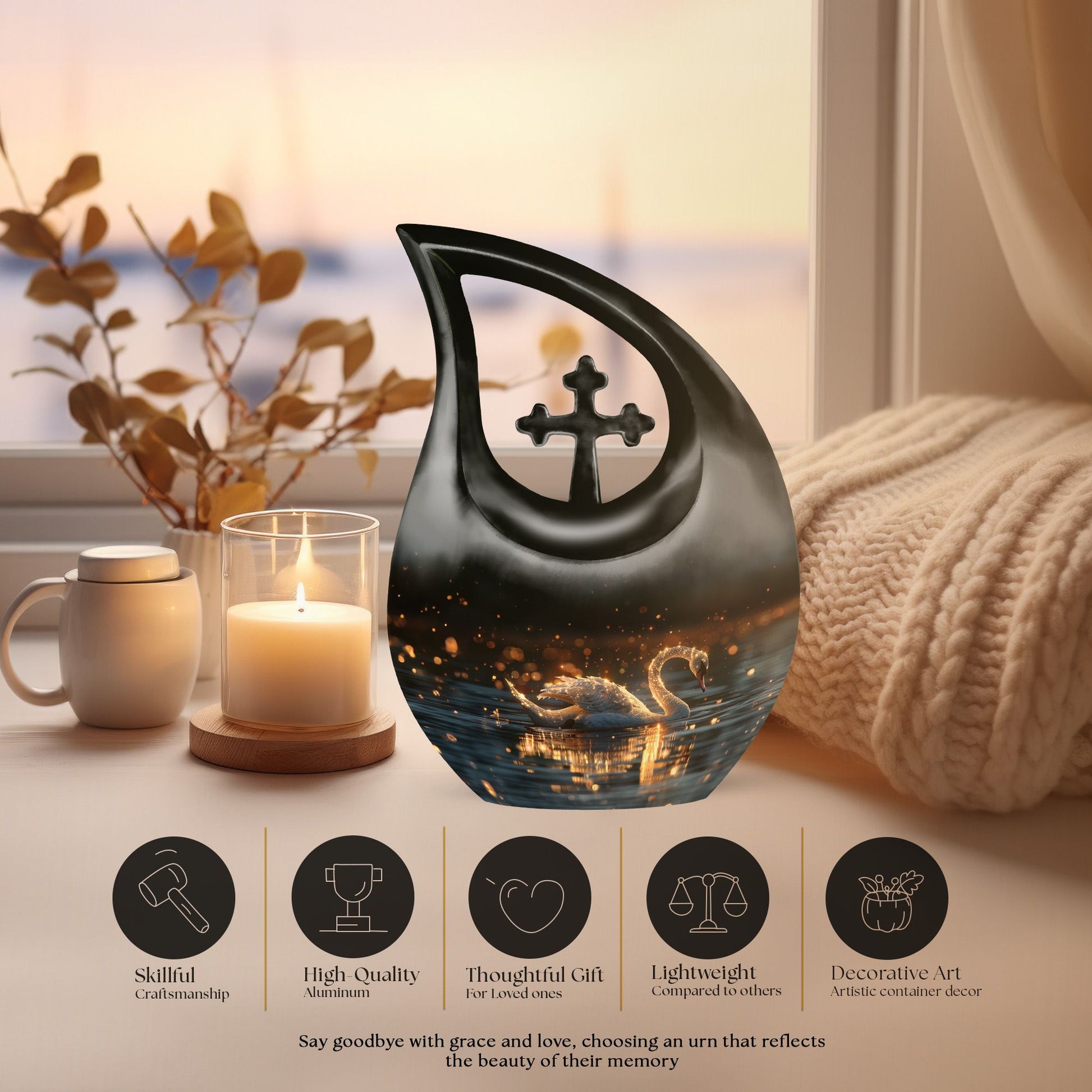 10-inch Swan Urn with Cross Drop design