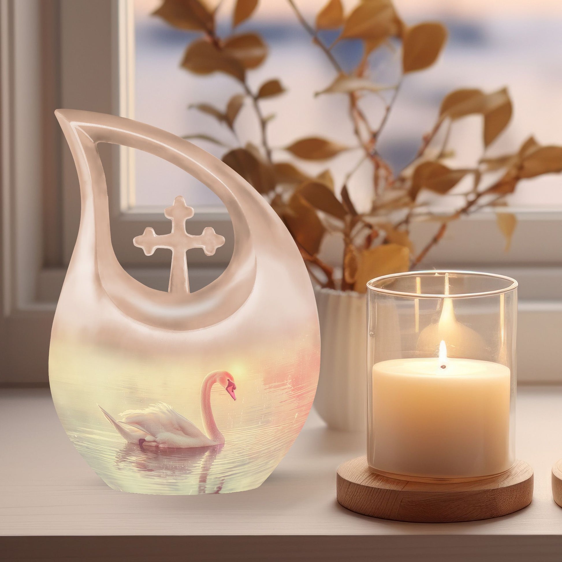 Affordable Swan Urn with Cross Drop design