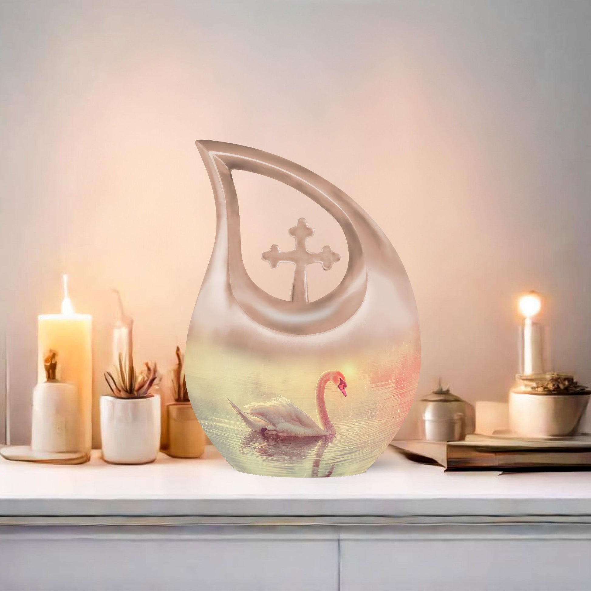 Affordable Swan Urn with Cross Drop design