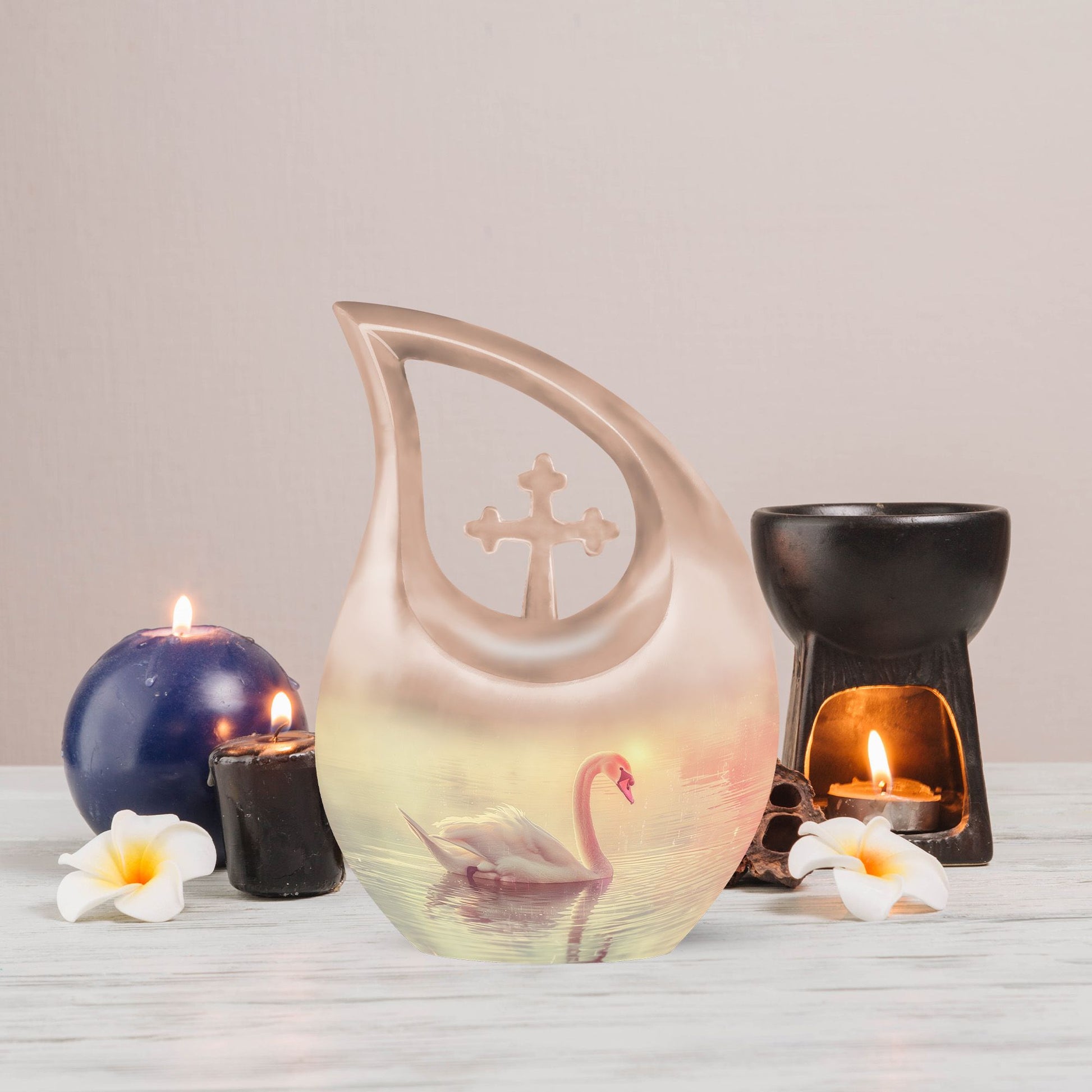 Affordable Swan Urn with Cross Drop design