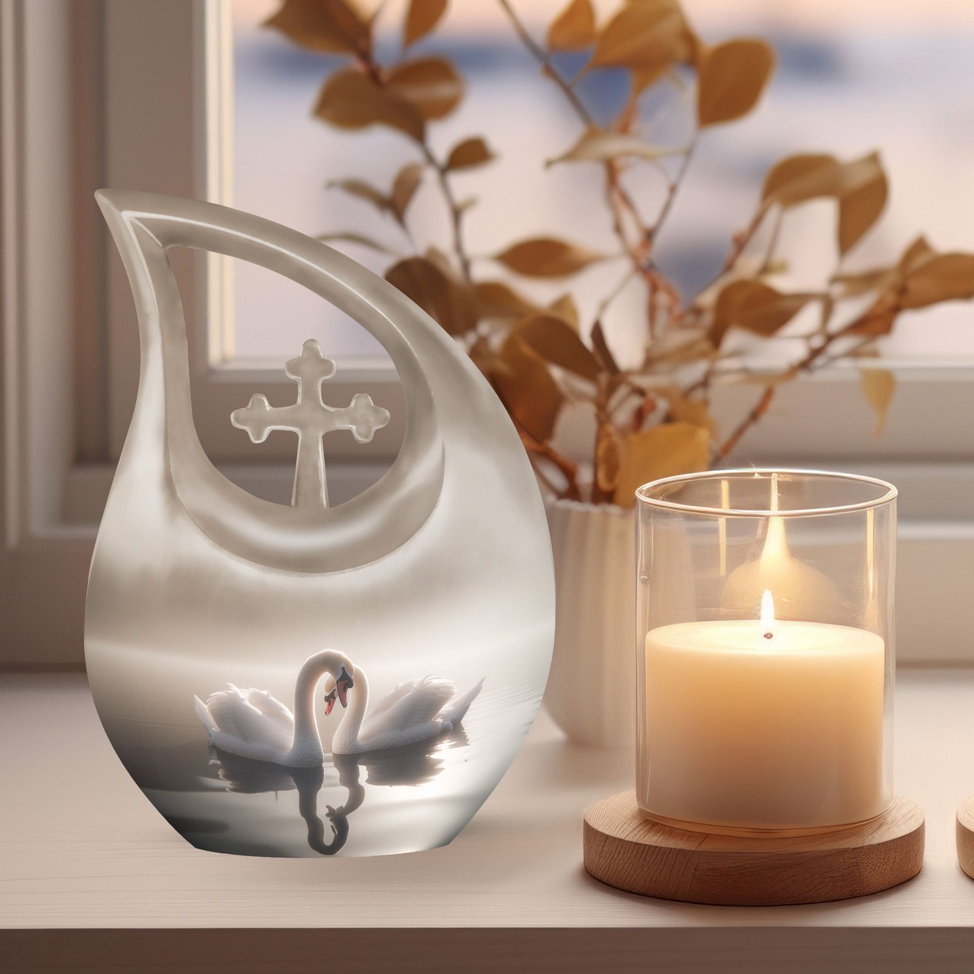 10-inch Swan-themed Cross Drop Small Memorial Urn