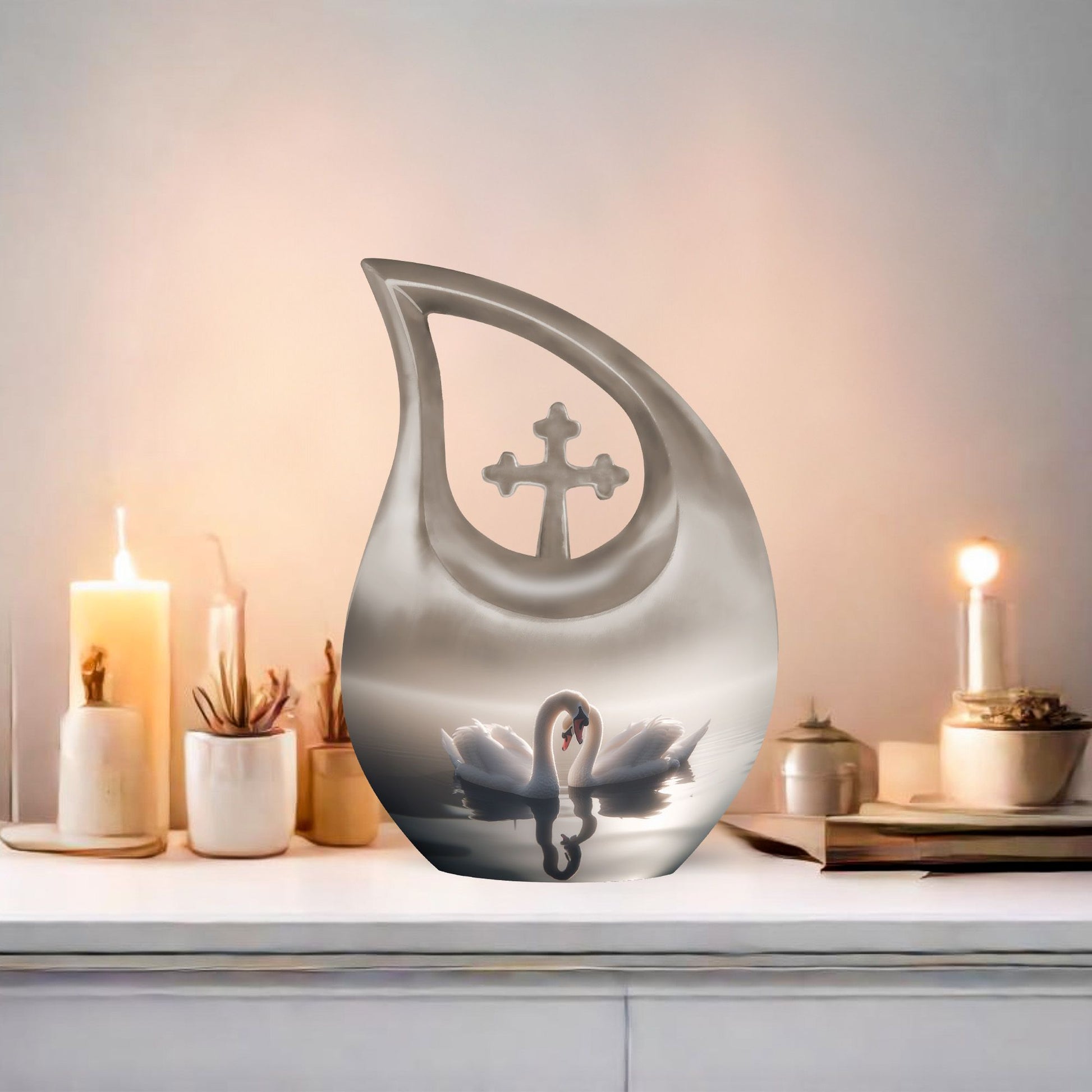 10-inch Swan-themed Cross Drop Small Memorial Urn