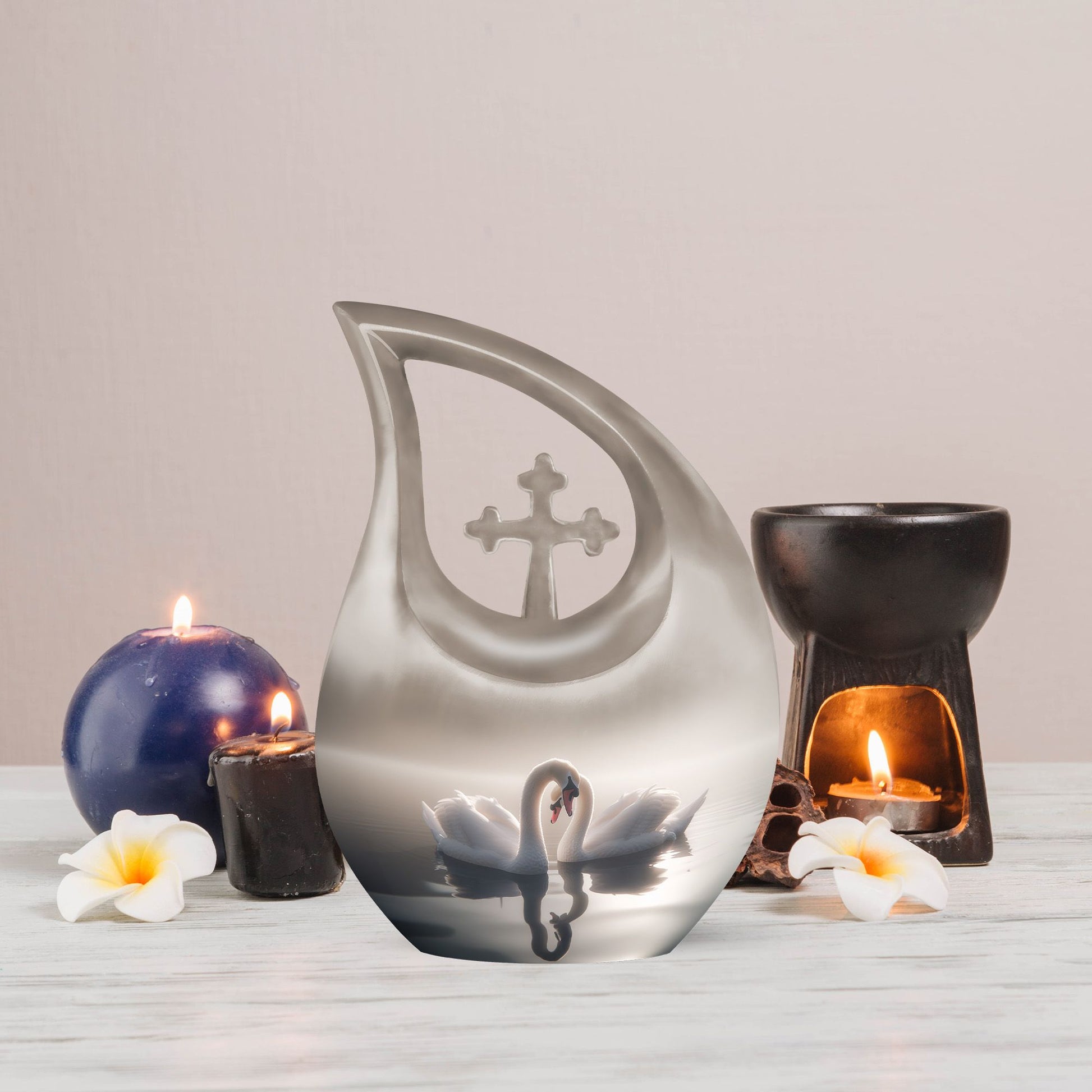 10-inch Swan-themed Cross Drop Small Memorial Urn