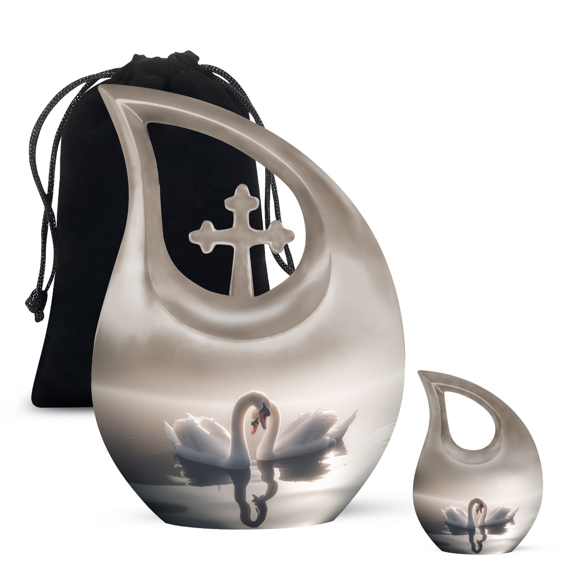 Swan Elegance: Memorial Urn with alluring Cross Drop Design