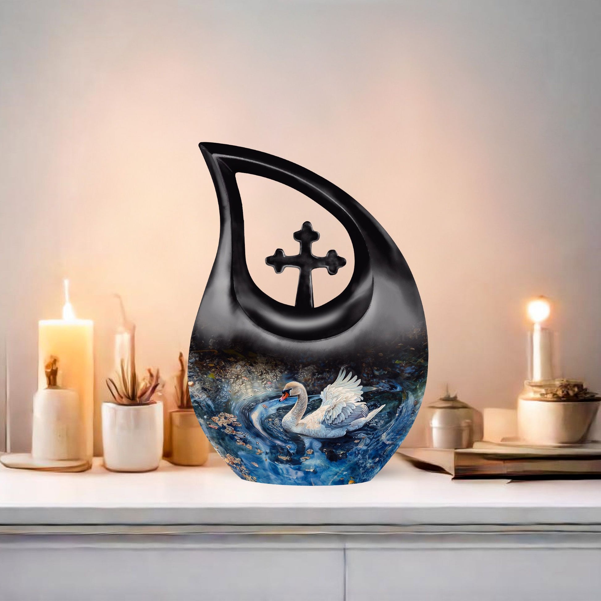 10 inch Swan Urn vase with Cross Drop