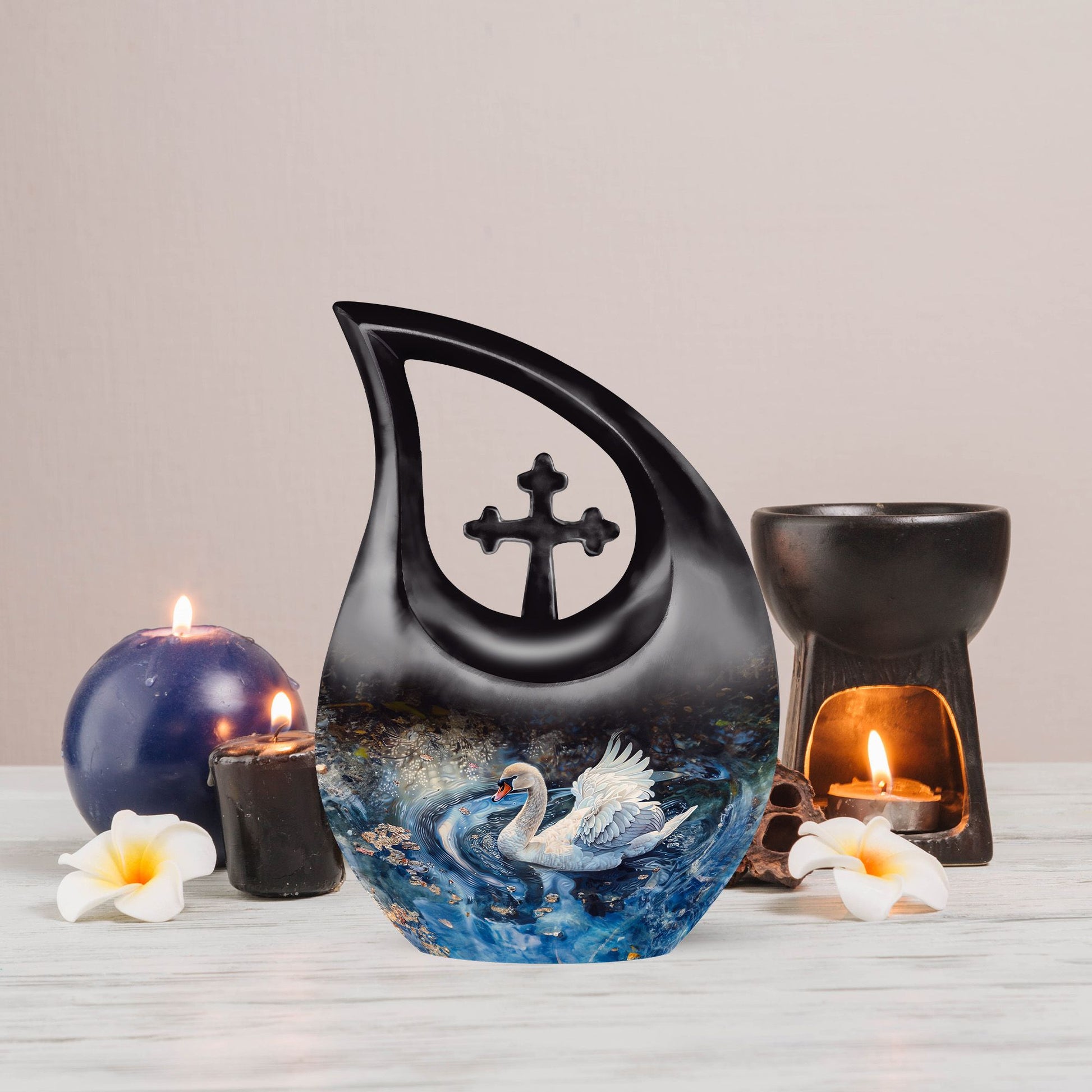 10 inch Swan Urn vase with Cross Drop