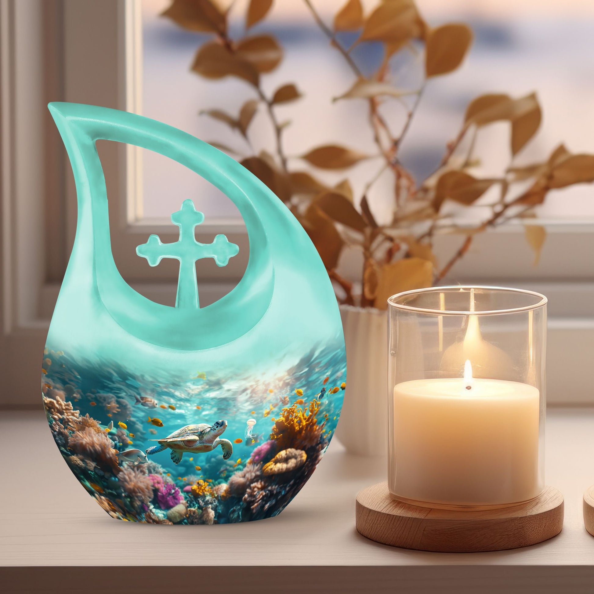 10-Inch Turtle-themed Cross Drop Urn for Ashes