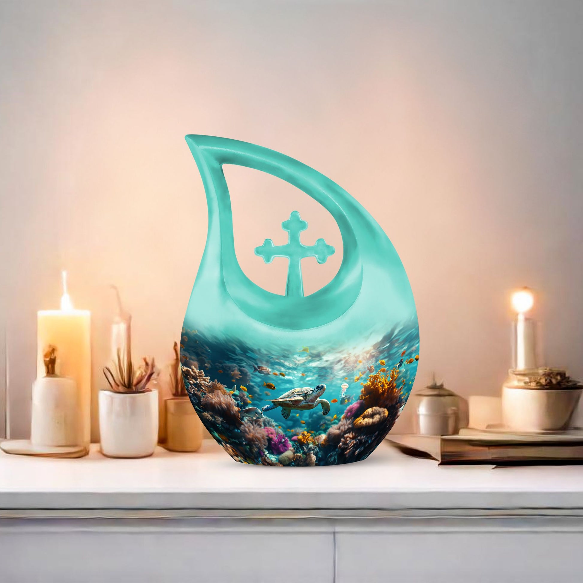 10-Inch Turtle-themed Cross Drop Urn for Ashes