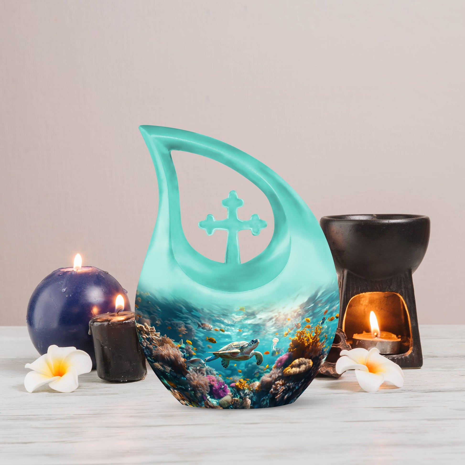 10-Inch Turtle-themed Cross Drop Urn for Ashes