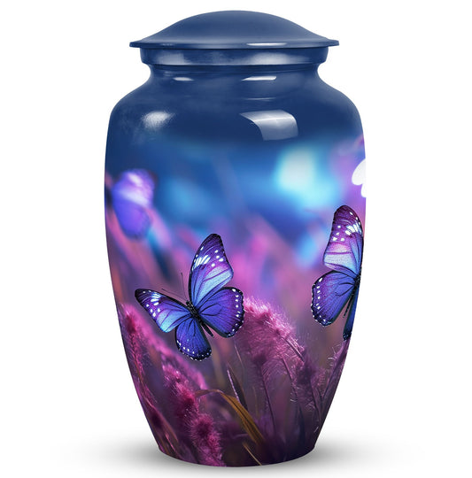 Cremation urn for adult ashes women, decorated with a butterfly on a purple urn