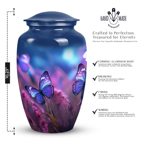 Cremation urn for adult ashes women, decorated with a butterfly on a purple urn