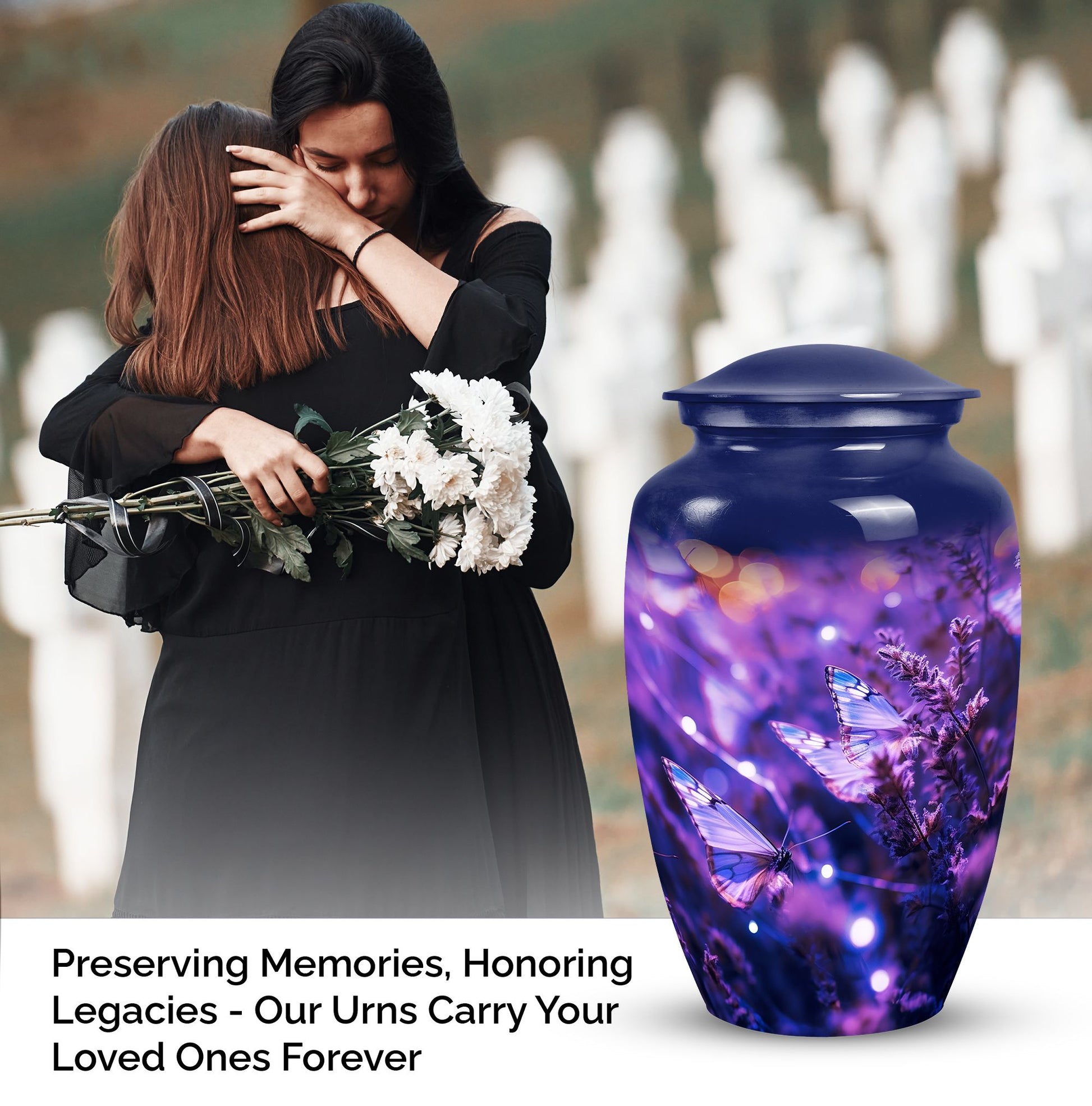 Elegant purple memorial urn featuring a butterfly design, utilized for adult women's ashes burial