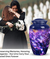 Elegant purple memorial urn featuring a butterfly design, utilized for adult women's ashes burial