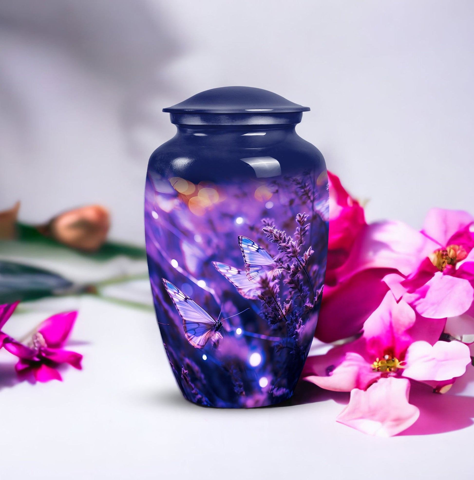 Elegant purple memorial urn featuring a butterfly design, utilized for adult women's ashes burial