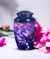 Elegant purple memorial urn featuring a butterfly design, utilized for adult women's ashes burial