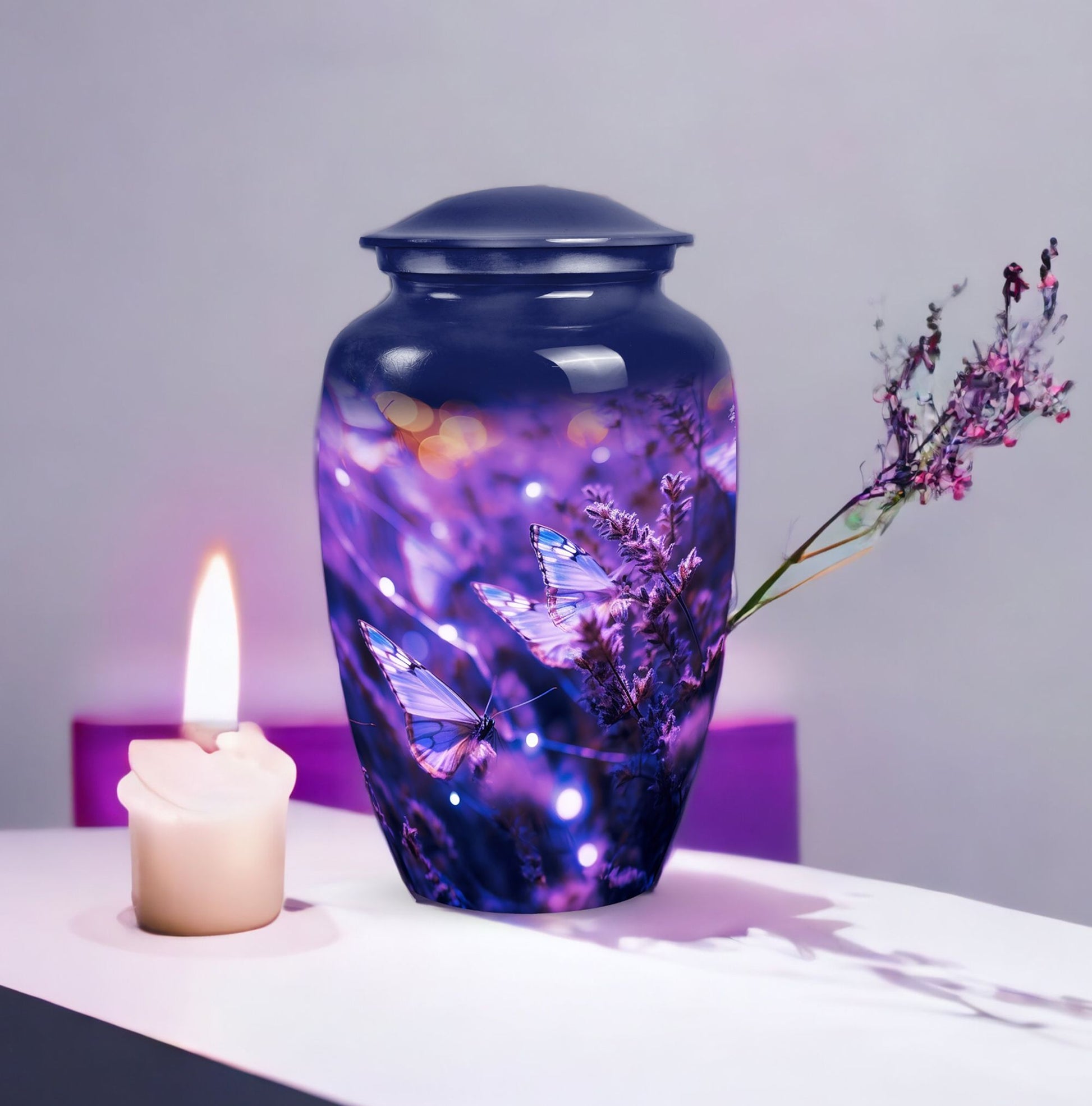 Elegant purple memorial urn featuring a butterfly design, utilized for adult women's ashes burial