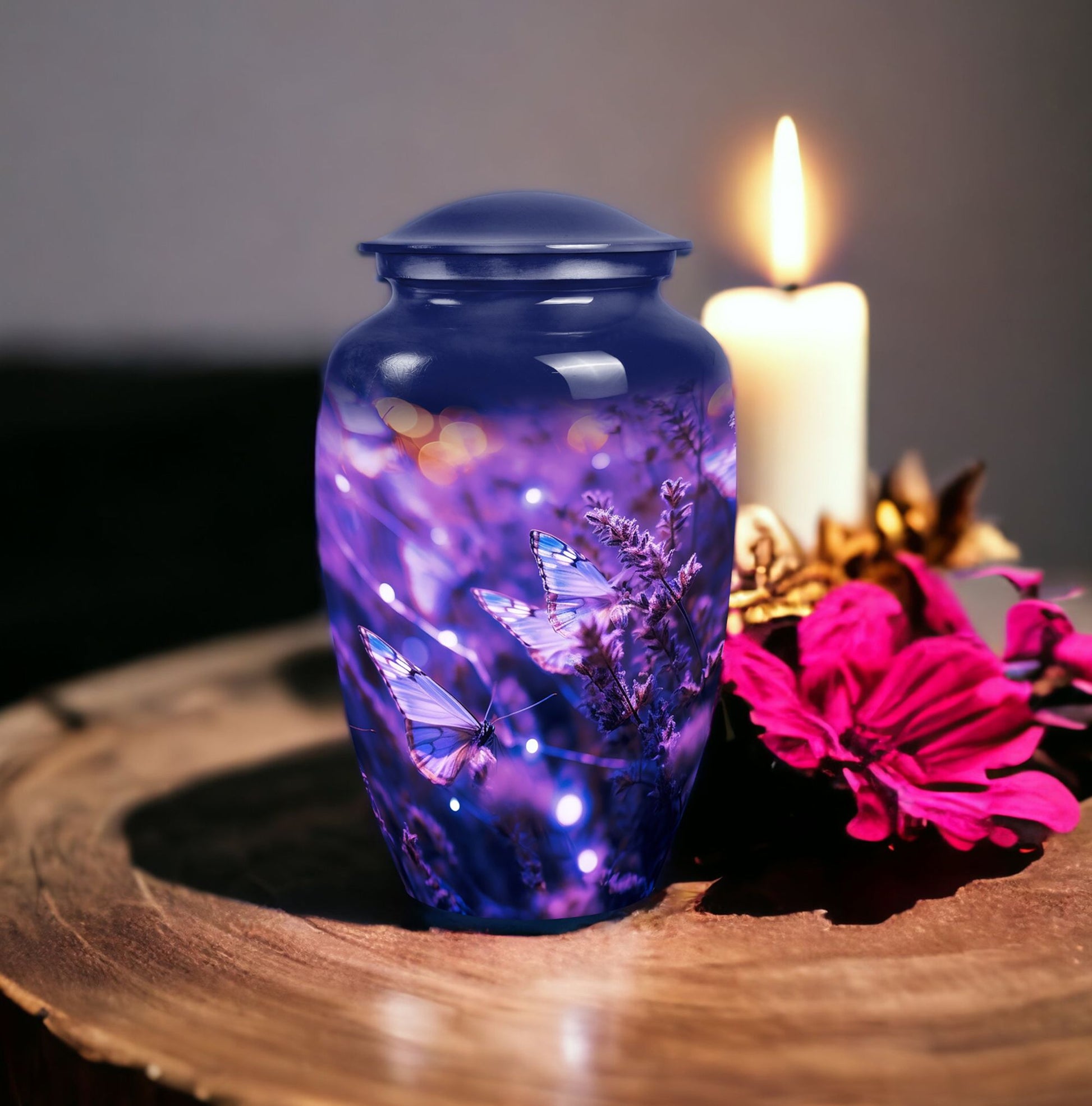 Elegant purple memorial urn featuring a butterfly design, utilized for adult women's ashes burial