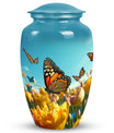 Elegant blue butterfly urn for respectfully keeping adult female human ashes after cremation.