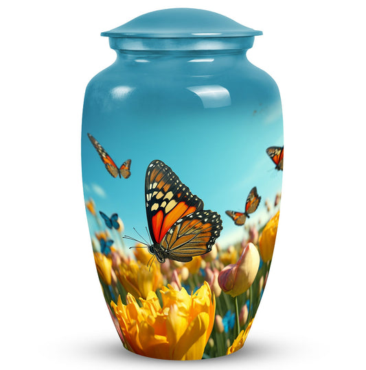 Elegant blue butterfly urn for respectfully keeping adult female human ashes after cremation.