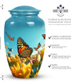 Elegant blue butterfly urn for respectfully keeping adult female human ashes after cremation.