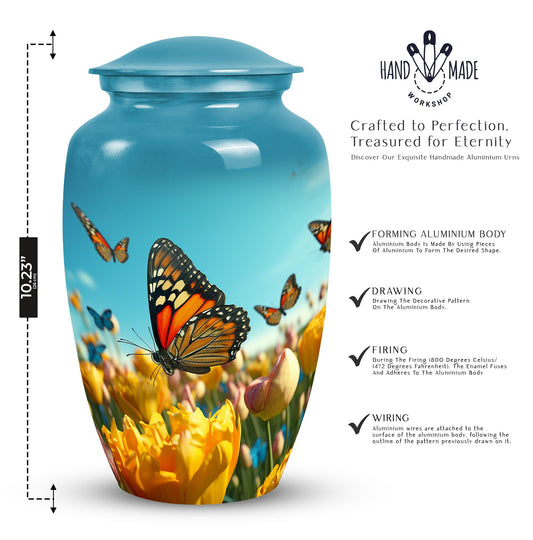 Elegant blue butterfly urn for respectfully keeping adult female human ashes after cremation.