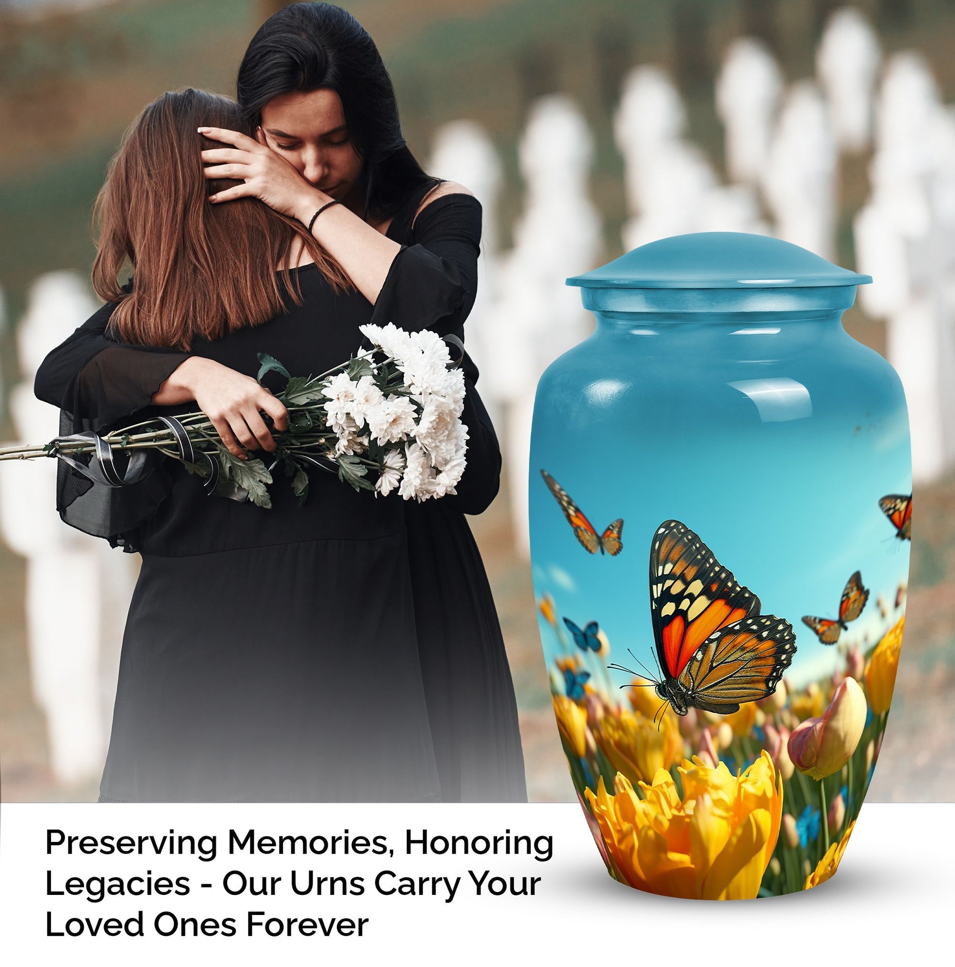 Elegant blue butterfly urn for respectfully keeping adult female human ashes after cremation.