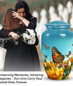 Elegant blue butterfly urn for respectfully keeping adult female human ashes after cremation.