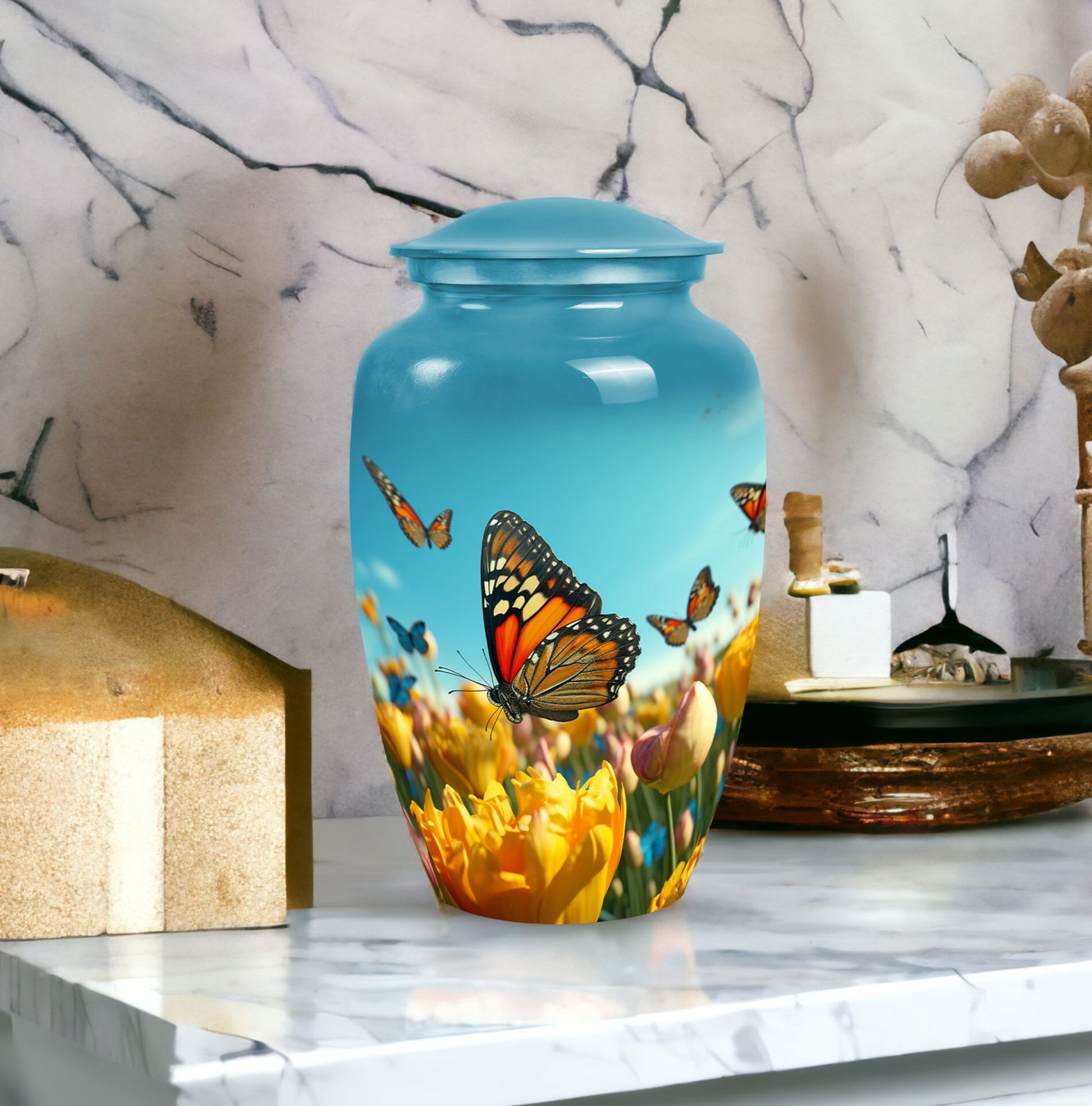 Elegant blue butterfly urn for respectfully keeping adult female human ashes after cremation.