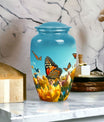 Elegant blue butterfly urn for respectfully keeping adult female human ashes after cremation.