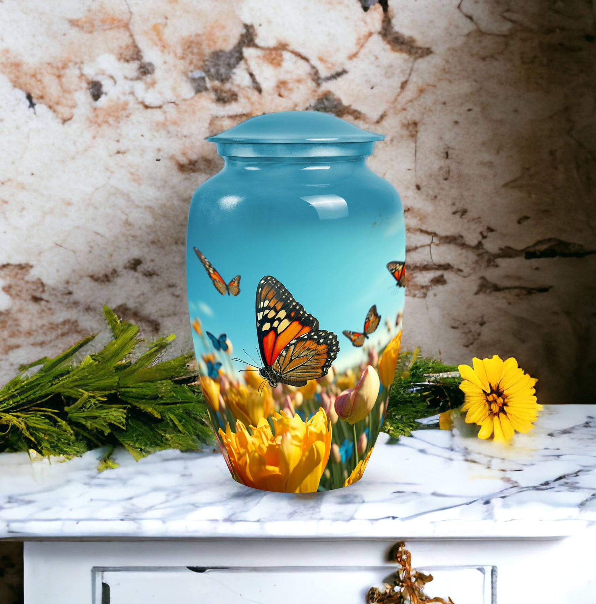 Elegant blue butterfly urn for respectfully keeping adult female human ashes after cremation.