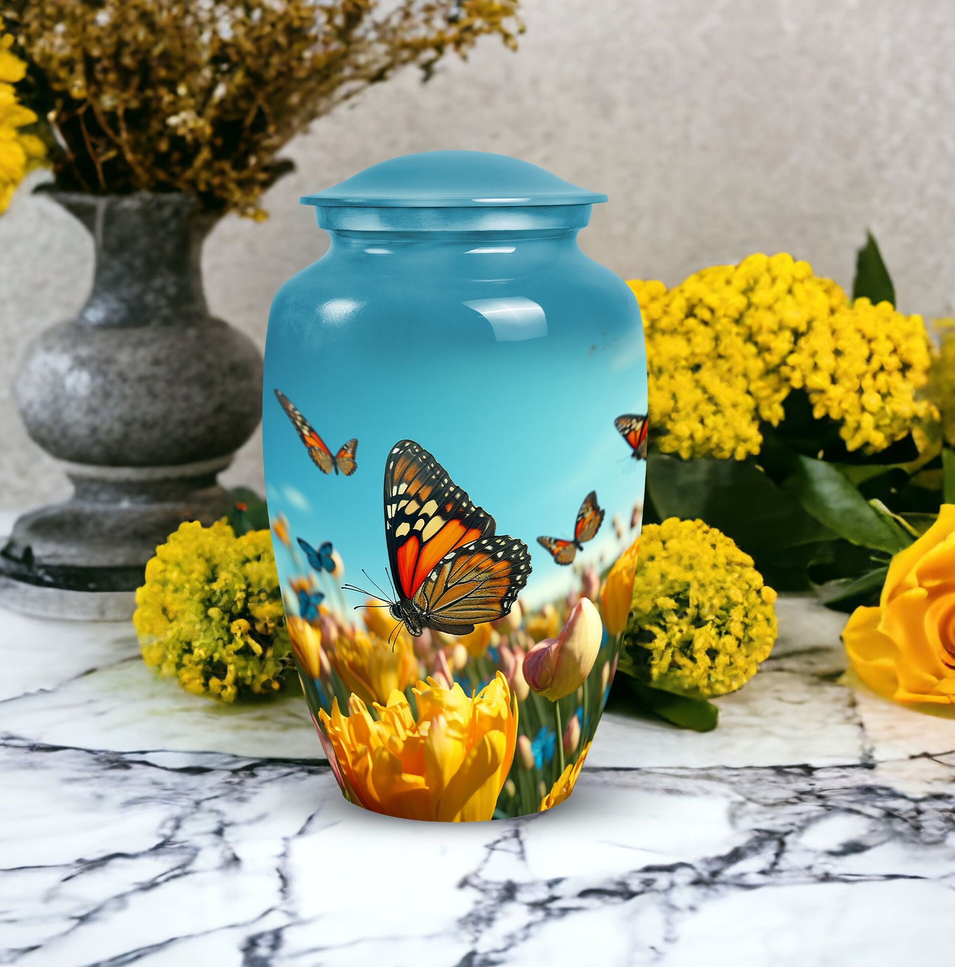 Elegant blue butterfly urn for respectfully keeping adult female human ashes after cremation.