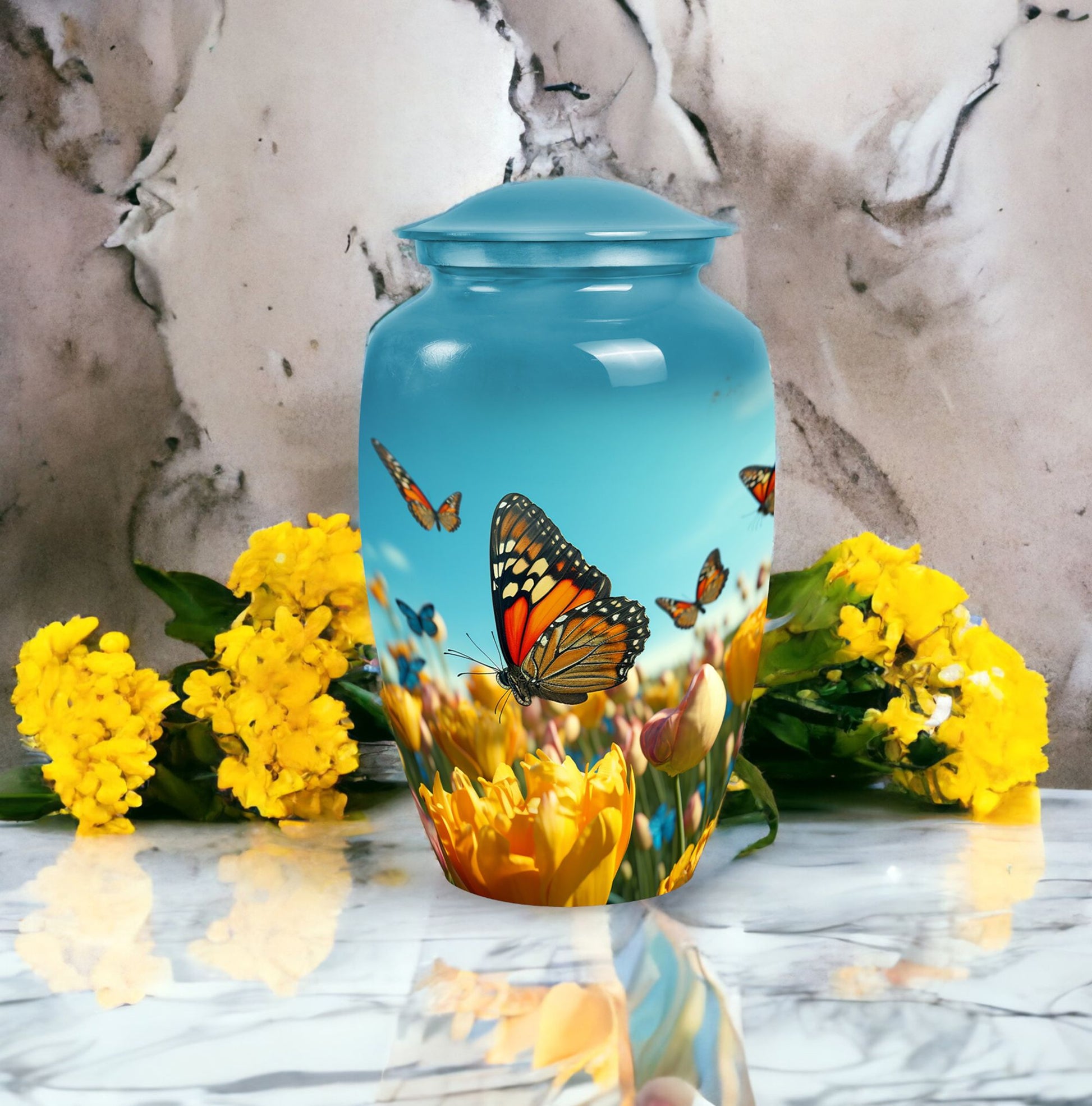 Elegant blue butterfly urn for respectfully keeping adult female human ashes after cremation.