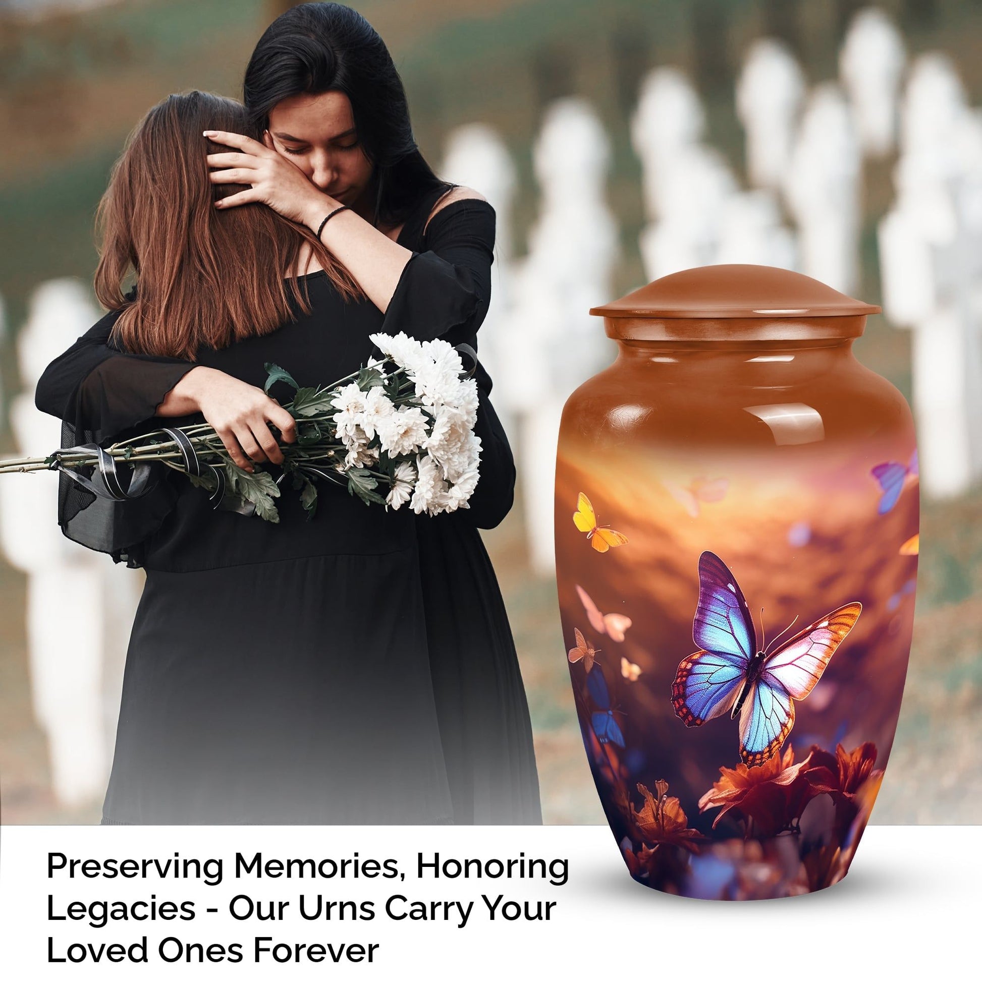 Elegant butterfly designed large urn for adult male ashes, suitable for burial or decorative purpose