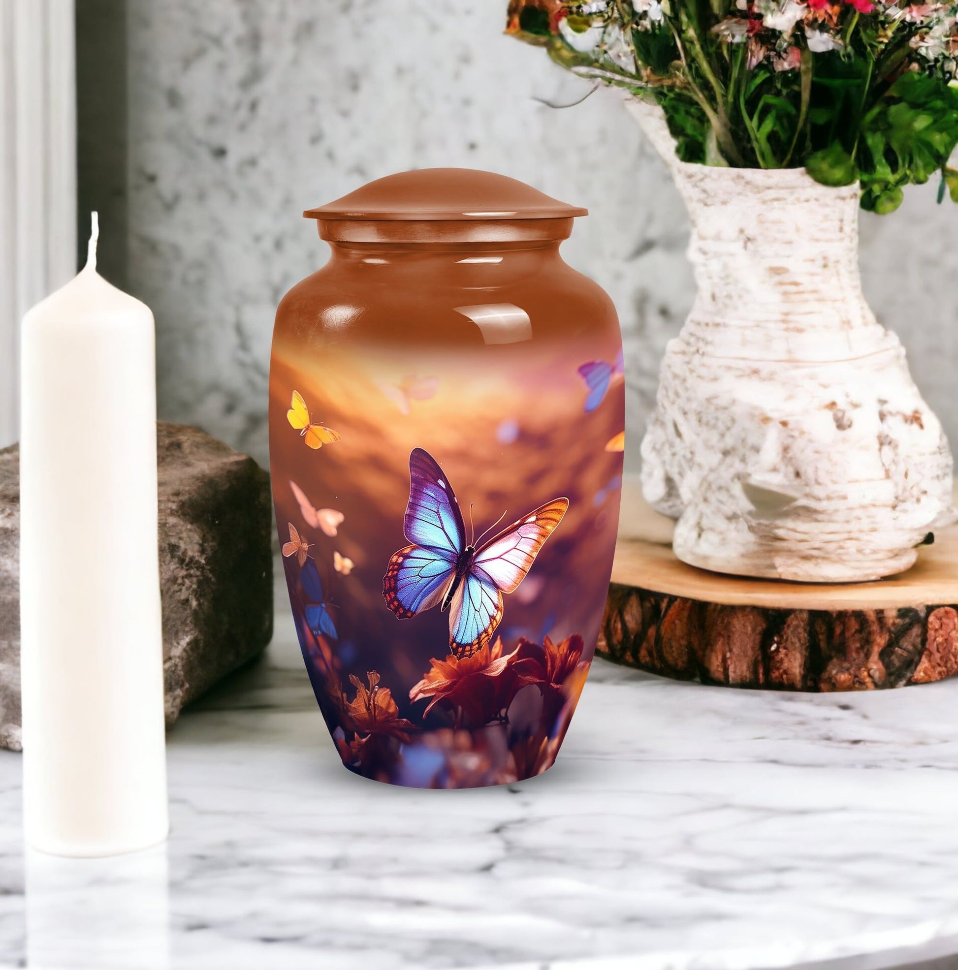 Elegant butterfly designed large urn for adult male ashes, suitable for burial or decorative purpose