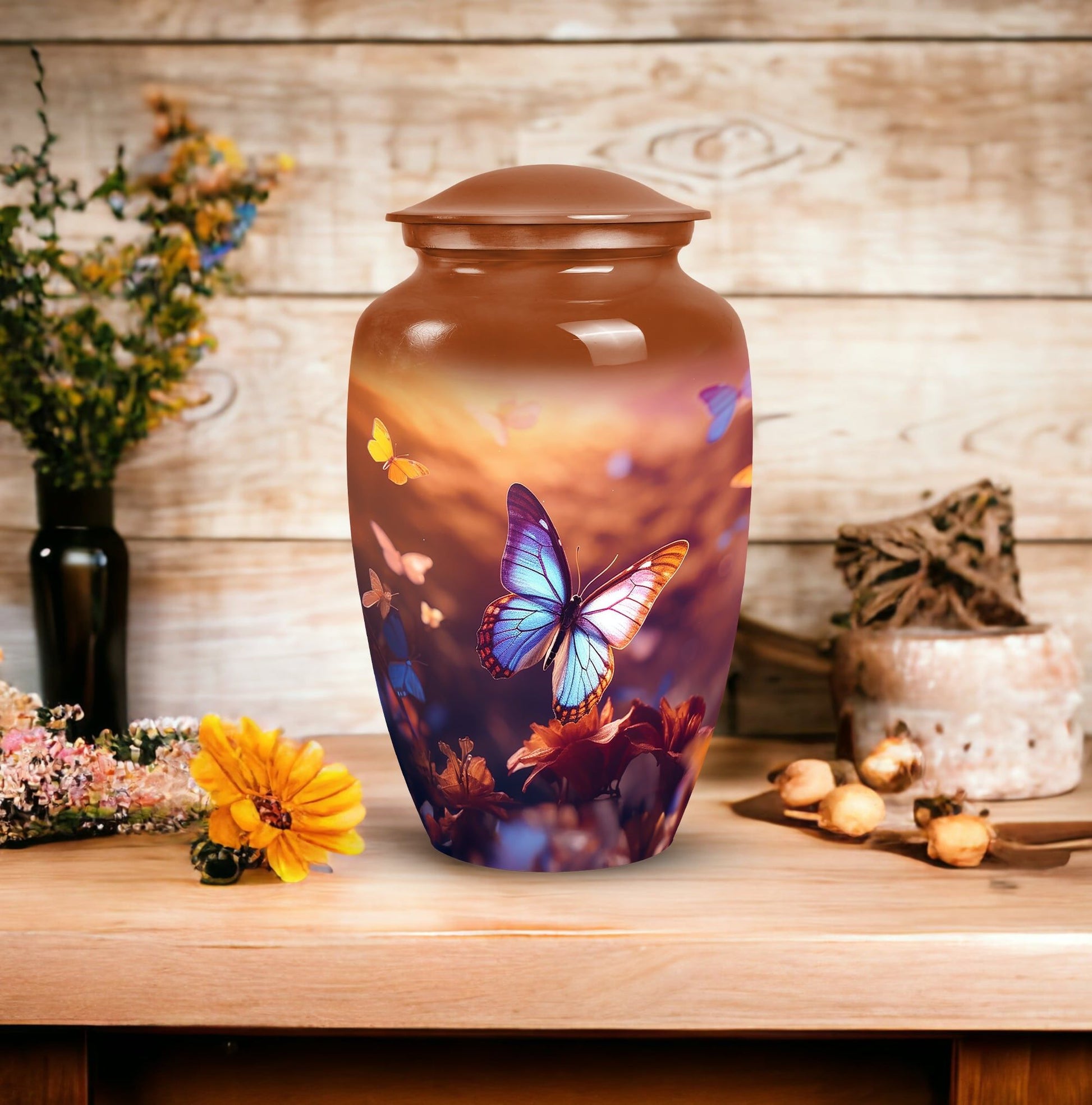 Elegant butterfly designed large urn for adult male ashes, suitable for burial or decorative purpose