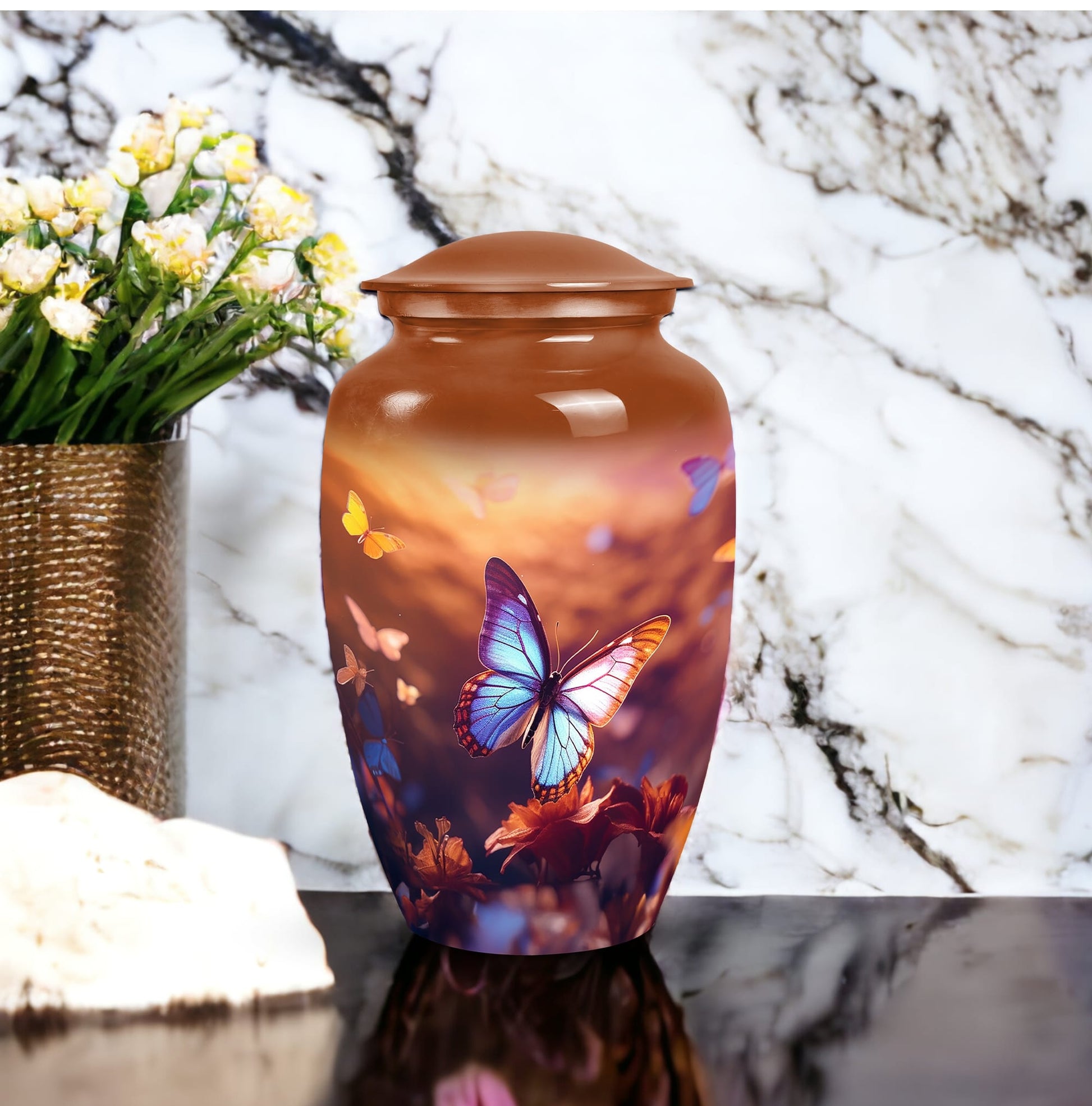 Elegant butterfly designed large urn for adult male ashes, suitable for burial or decorative purpose