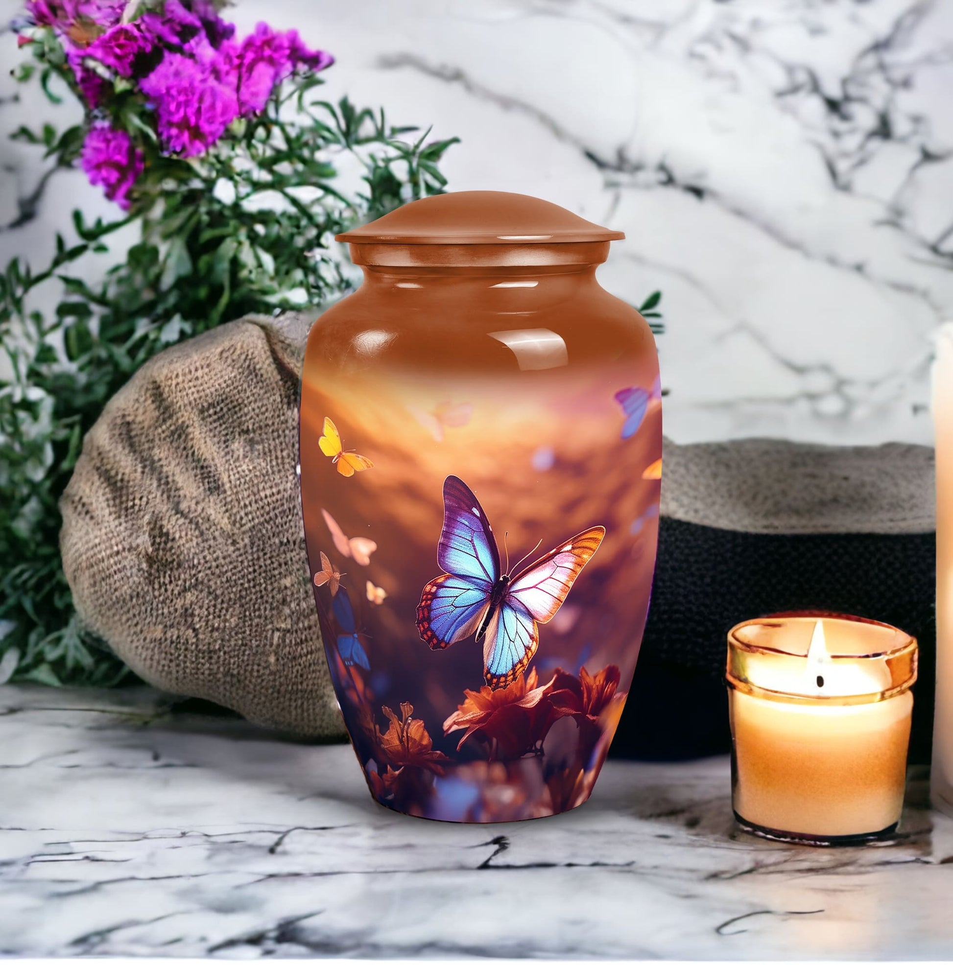 Elegant butterfly designed large urn for adult male ashes, suitable for burial or decorative purpose