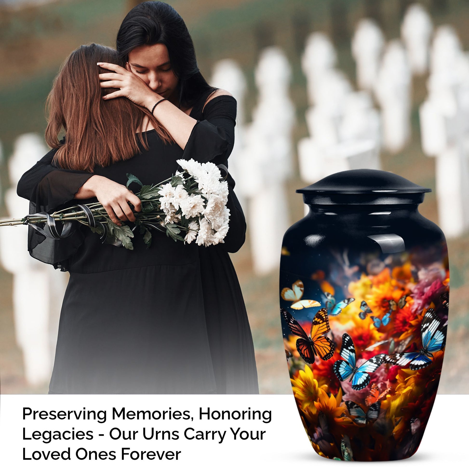 Large butterfly urn for men's ashes, a symbolic representation for a father's cremation