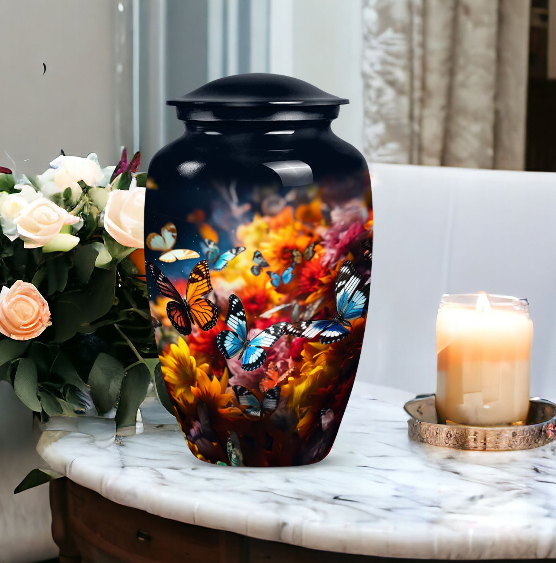 Large butterfly urn for men's ashes, a symbolic representation for a father's cremation