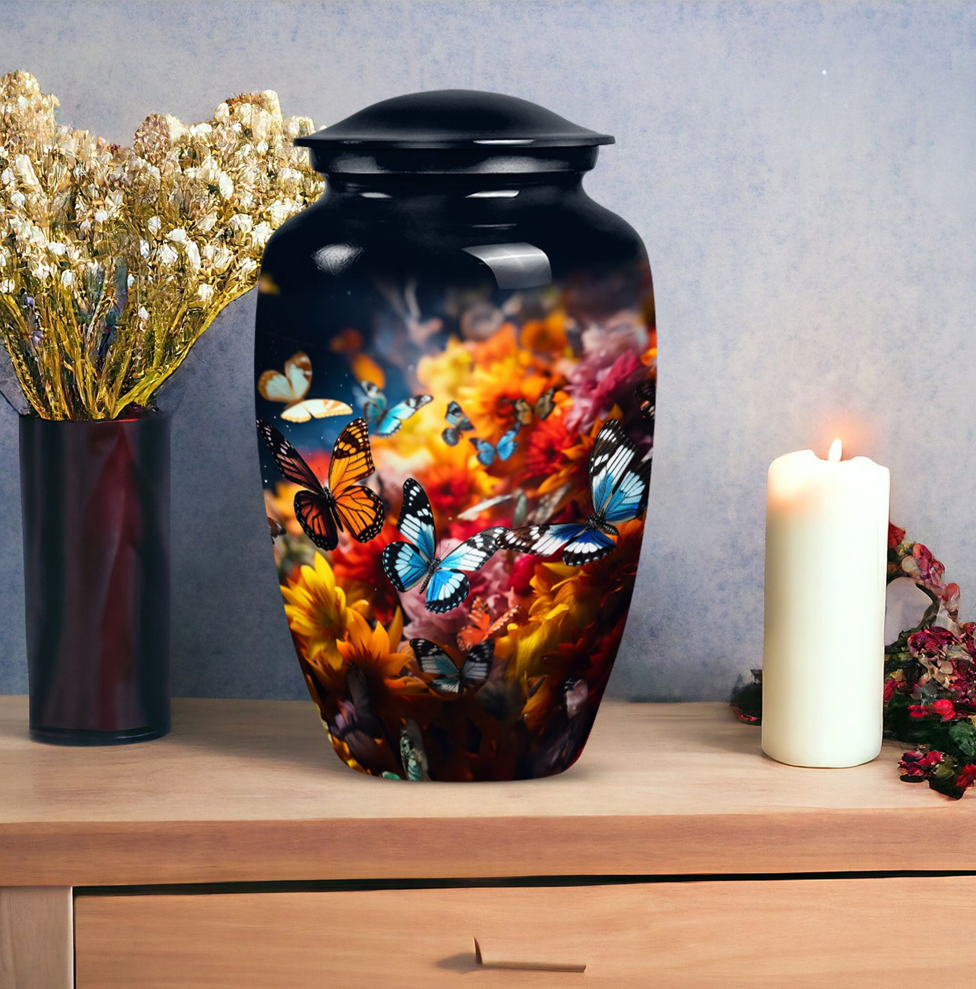 Large butterfly urn for men's ashes, a symbolic representation for a father's cremation