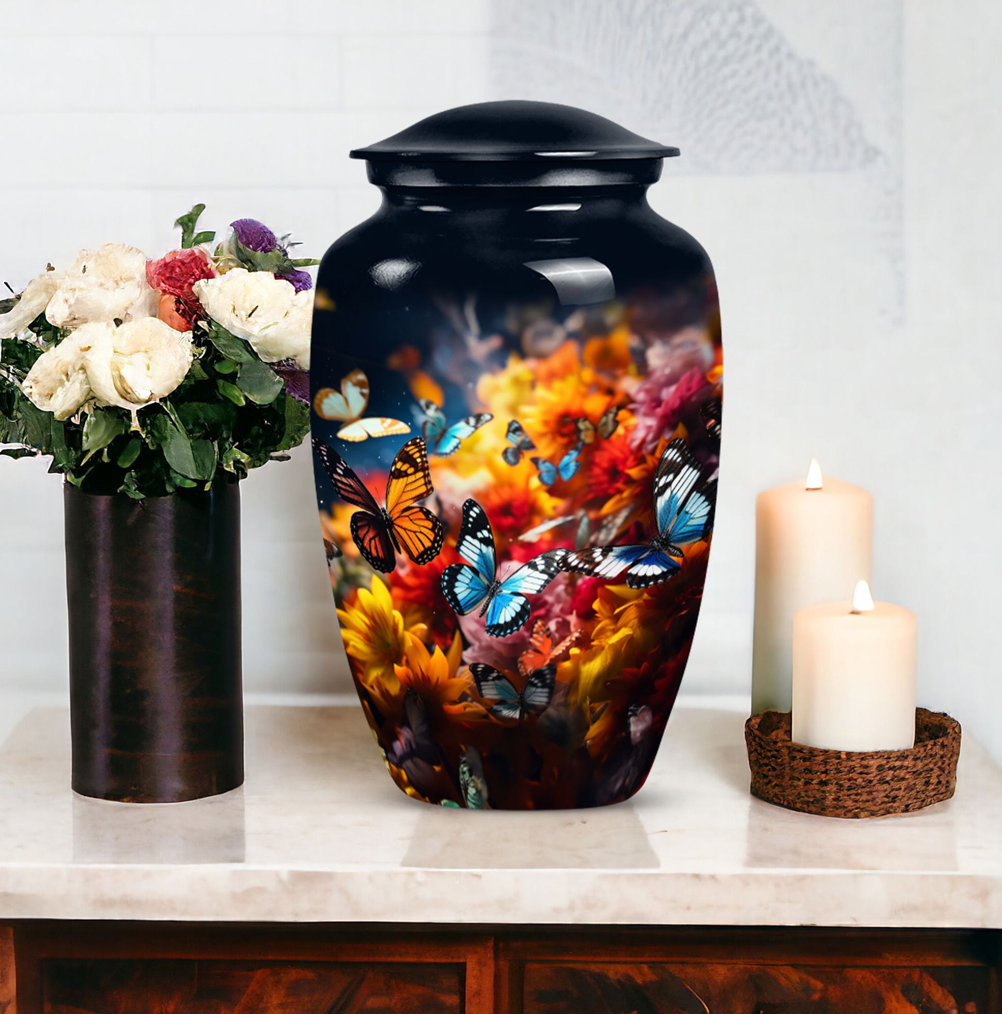 Large butterfly urn for men's ashes, a symbolic representation for a father's cremation