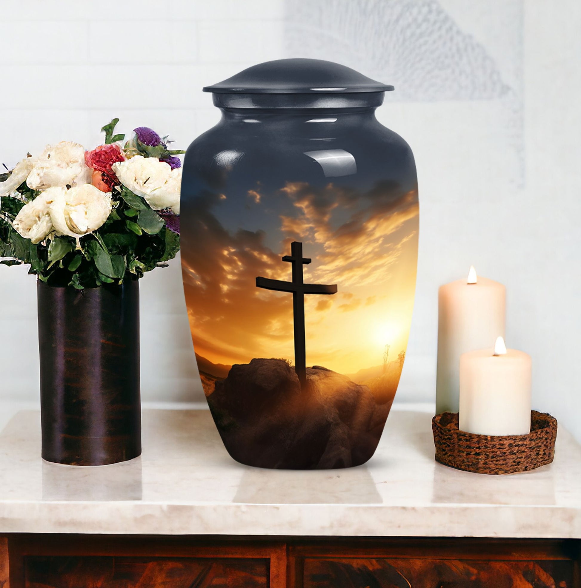 Large cross burial urn designed for adult ashes, ideal for both male and female use