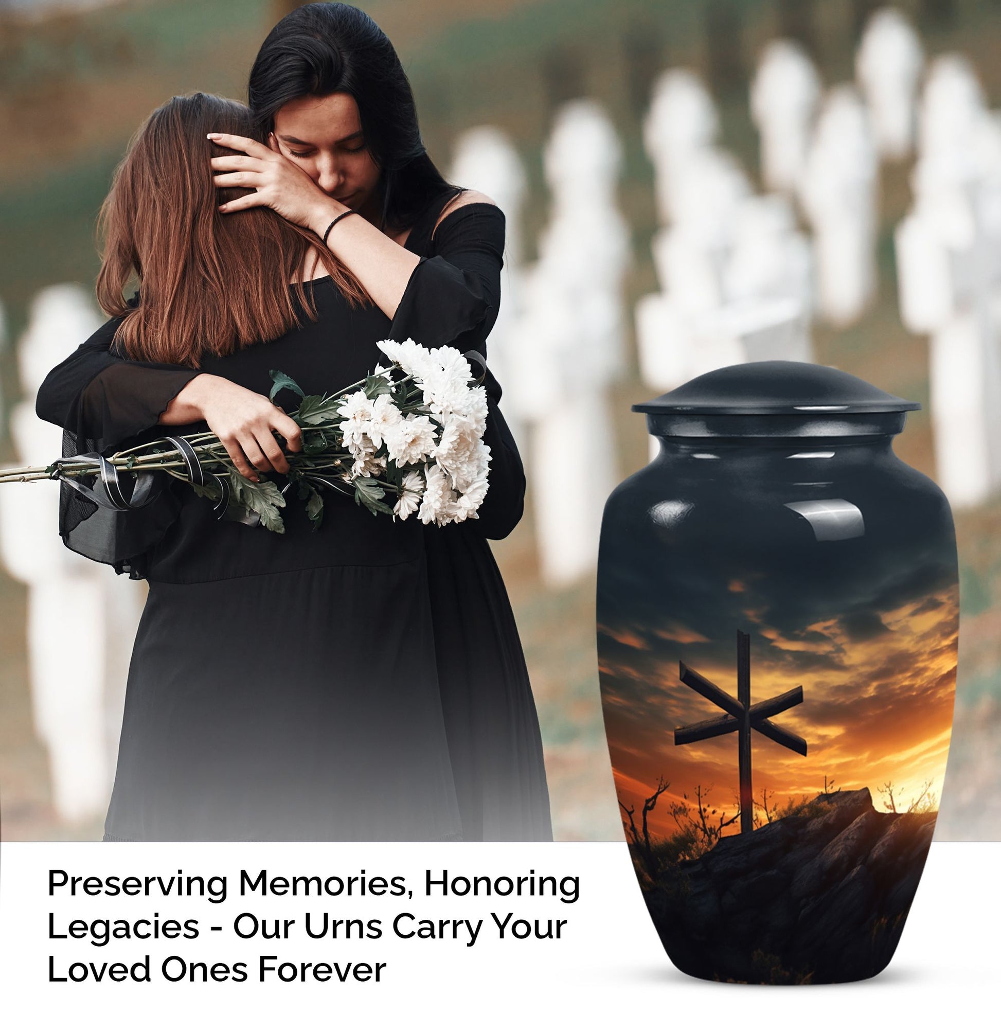 Large metal cross urn designed for adult human ashes, ideal for both male and female rest.